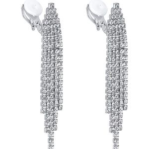 CLIP ON SILVER Chandelier Tassel Dangle Linear Drop Earrings Austrian Crystals